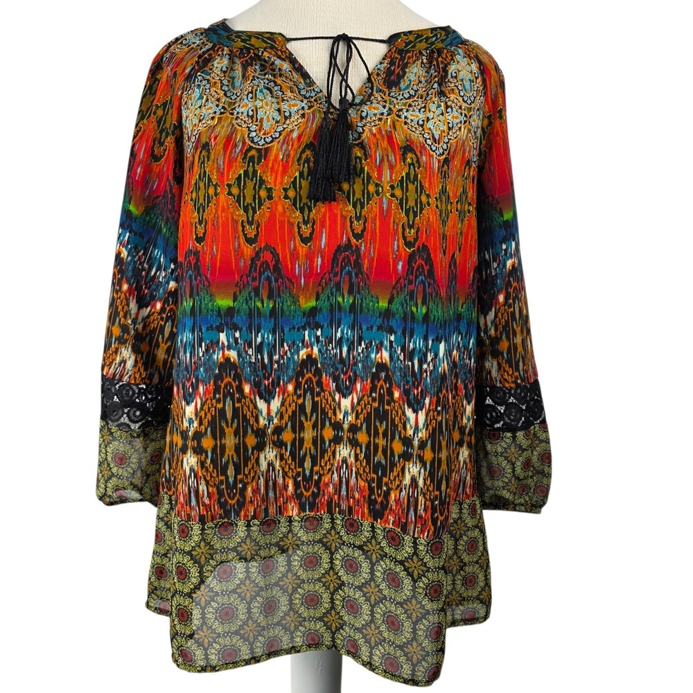 Fig‎ and Flower Women's M Boho Floral Blouse Multicolor 3/4 Sleeve Art to Wear